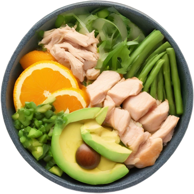 Poke bowl with chicken, avocados, oranges, cucumbers and green beans; side view emoji