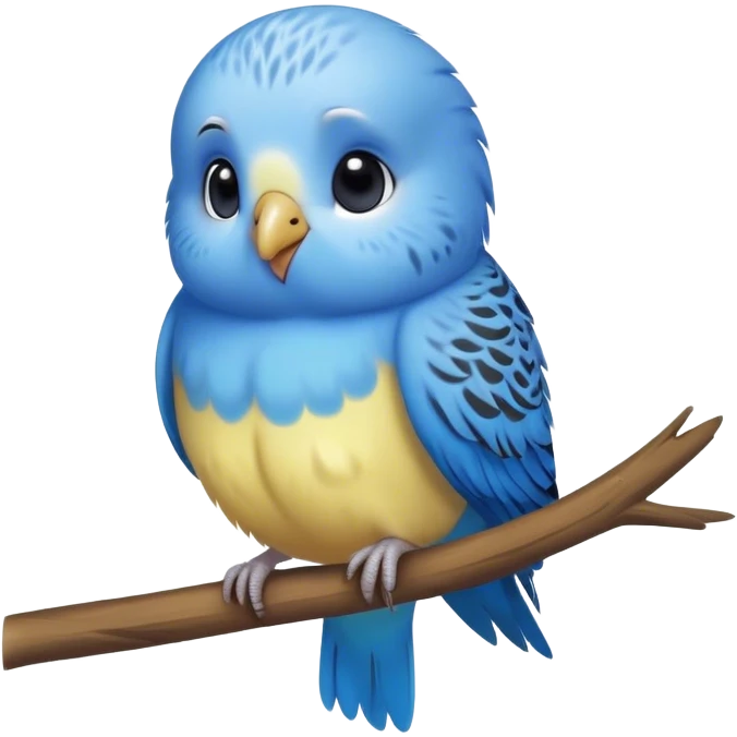 Cinematic Cute Blue Budgie Portrait Emoji, Head tilted playfully and inquisitively, featuring a brilliant blue feathered fur with a natural sheen, round, sparkling dark eyes filled with curiosity, Simplified yet irresistibly adorable features, highly detailed, glowing with a warm, friendly glow, high shine, affectionate and lively, stylized with a touch of whimsy, bright and endearing, soft glowing outline, capturing the essence of a mischievous yet loving budgie, so playful it feels like it could chirp out of the screen and into your arms! emoji