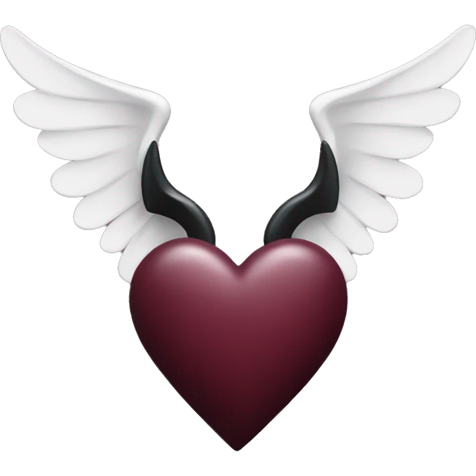 burgundy coloured heart with black horns and a black pointed tail with white angel wings emoji