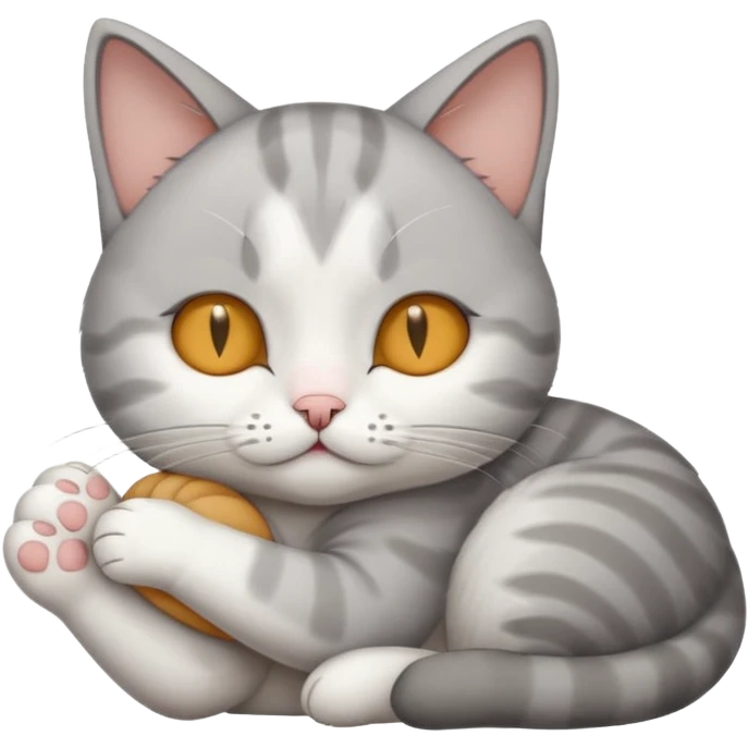 grey and white small cat with its eyes closed lying down with its paw holding up his head emoji