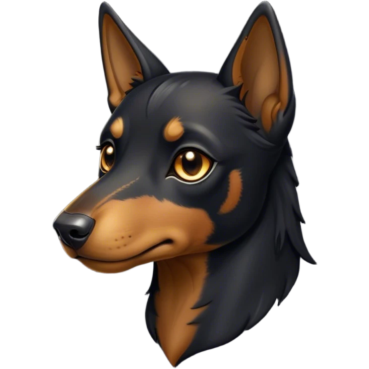 Cinematic Noble Black and Tan Kelpie Portrait Emoji, Poised and regal, with a strong, agile build and a glossy, well-groomed Fur of deep black and tan accents, piercing dark eyes, Simplified yet sharp and sophisticated features, highly detailed, glowing with a soft, dignified glow, high shine, intelligent and energetic, stylized with an air of determination, focused and attentive, soft glowing outline, capturing the essence of a watchful and confident herder, so majestic it feels as though it could bound out of the screen with effortless authority! emoji