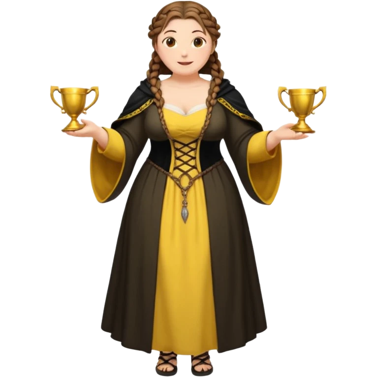 Helga Hufflepuff,brown-haired,2 braids,yellow-black medieval open dress,deep neckline,fat macromastia,black cloak decorated with gold braiding,gold cup with two handles,very kind smile,curvy busty sweet woman,round rosy cheeks,full length with medieval shoes emoji