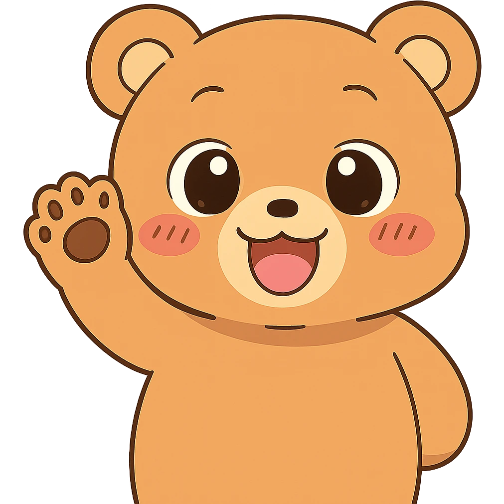 Make the anime style bear waving bye cuter by giving it bigger eyes and a rounder face. Keep no background. The style should remain anime-like. emoji