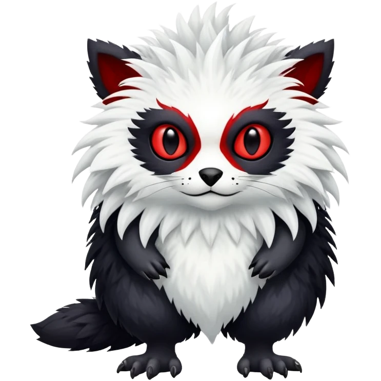 a white exotic edgy vernid-fionbr-Fakémon-creature, with black belly and red eyes, full body emoji