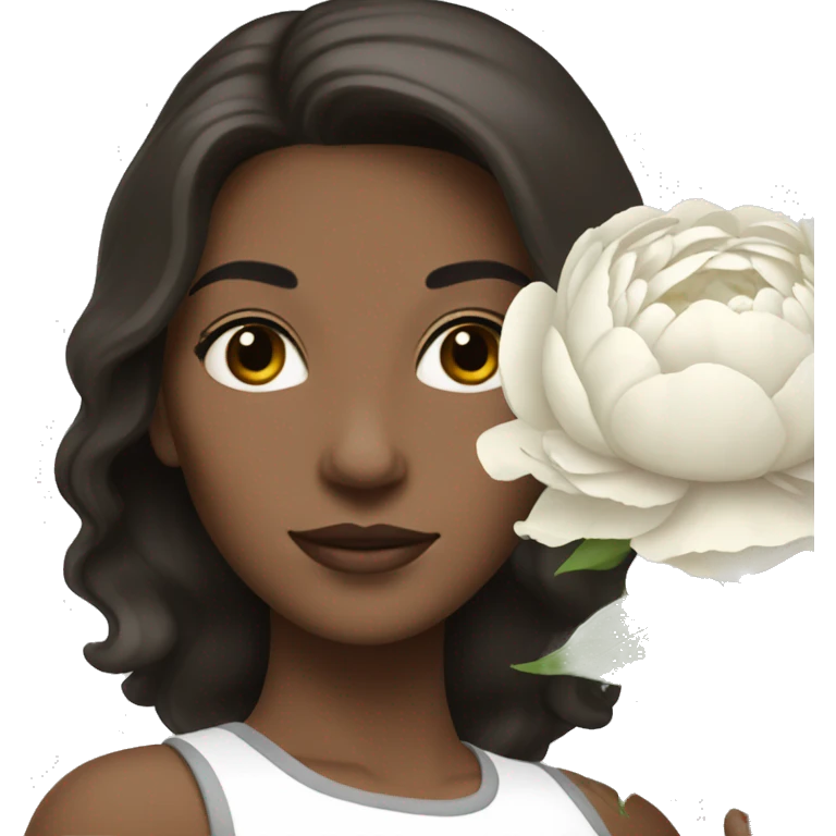A white woman with shoulder length dark brown hair holding a bouquet of white peonies emoji