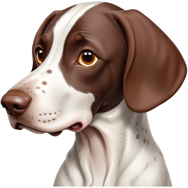 Cinematic Cute German Pointer Portrait Emoji, Head tilted playfully and inquisitively, showcasing a smooth liver and white coat with a healthy sheen, round, sparkling brown eyes filled with curiosity, Simplified yet irresistibly adorable features, highly detailed, glowing with a warm, friendly glow, high shine, affectionate and spirited, stylized with a touch of whimsy, bright and endearing, soft glowing outline, capturing the essence of a mischievous yet loving companion, so playful it feels like it could dash out of the screen and into your arms! emoji