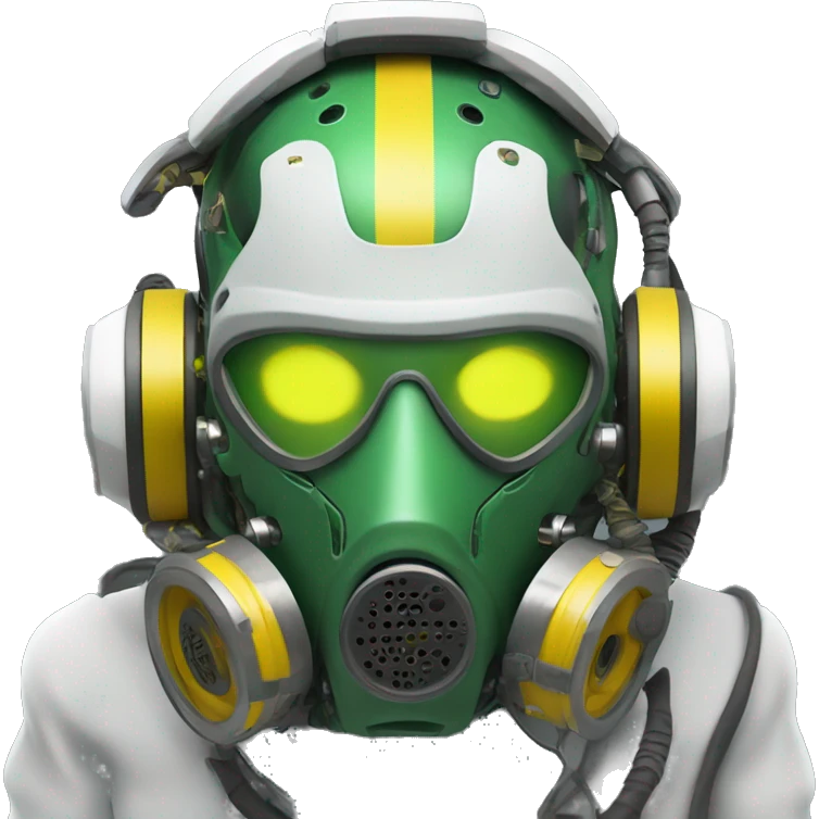Green skin cyborg head with dark yellow Mohawk, white respirator mask and circuitry emoji
