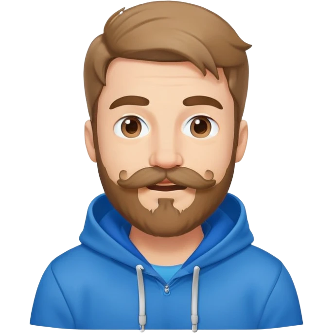 Mr. Beast wearing a blue hoodie, mustache and beard, winking playfully emoji