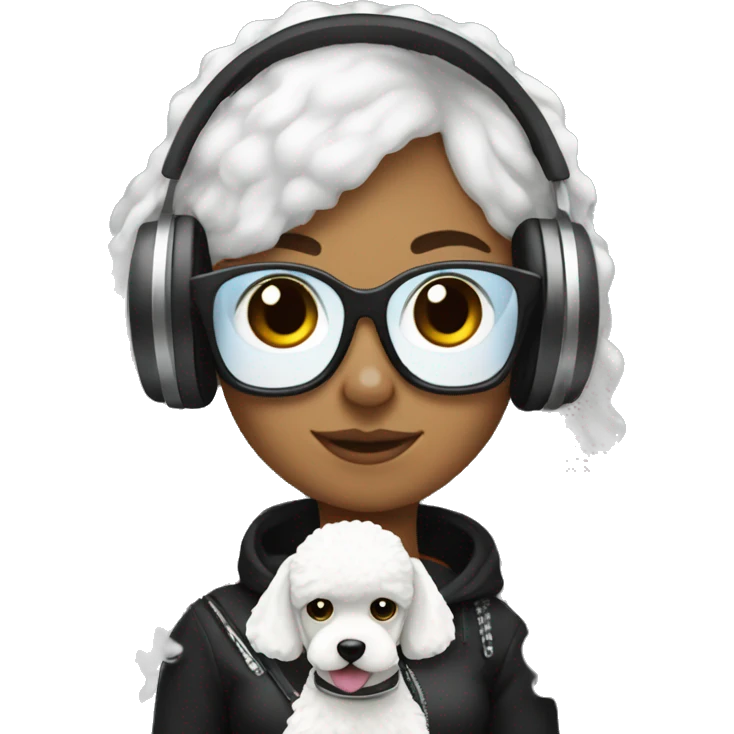 edgy girl with headphones on holding a white poodle emoji