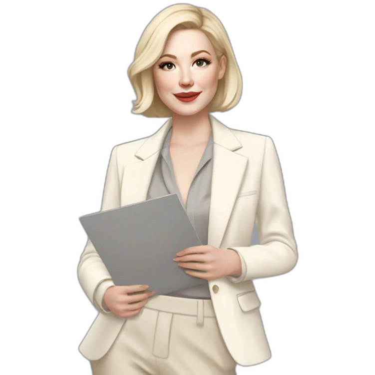 pale skin woman with ash blonde Straightened bob Hair, White Spacious classical jacket, beige palazzo Arrow pants and gray blouse holding a color palette in the hands emoji