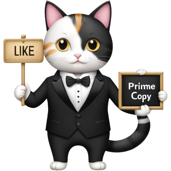 A cat in a black business suit holds a sign with the inscription "PrimeCopy" with one paw and shows a like with the other paw emoji