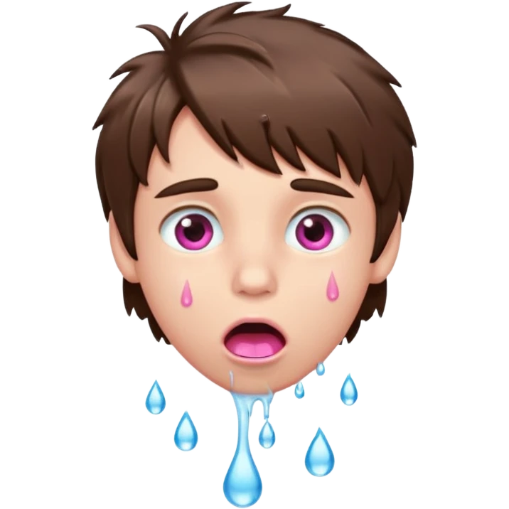Boy with shaggy brown hair, pink eyes rolled back, mouth open , water drop dripping from lips emoji