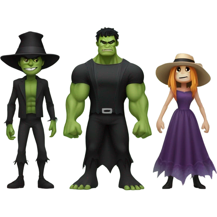 Spider-Man, the Hulk, the scarecrow and the wicked witch together holding hands emoji