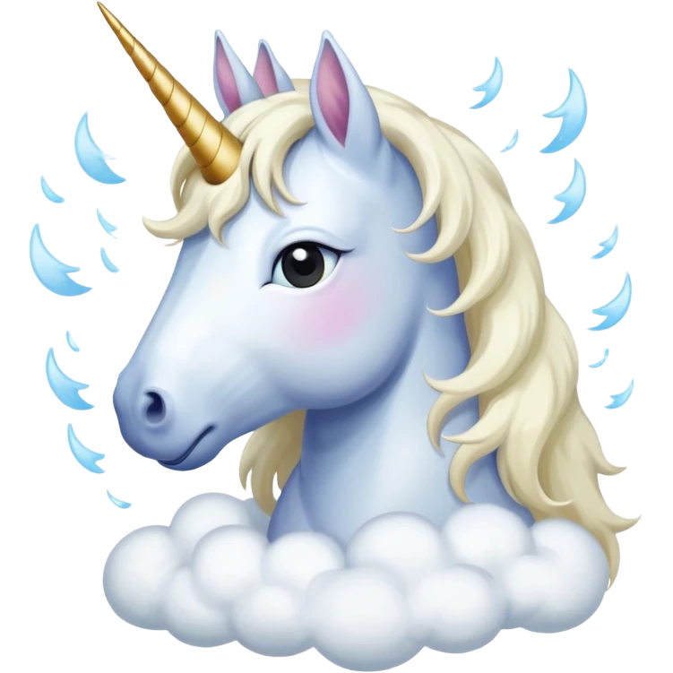 A unicorn flying through clouds, sad, cry tear from eyes, portrait, bust up emoji