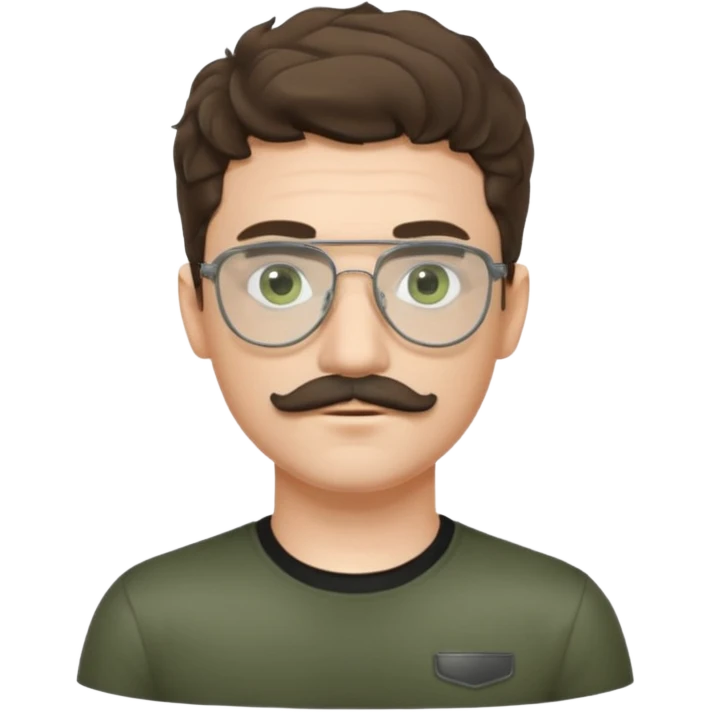 Light brunette wavy haired young man with pale skin and metal aviator glasses. Eyes are greenish grey and he has a moustache. Black t-shirt. emoji
