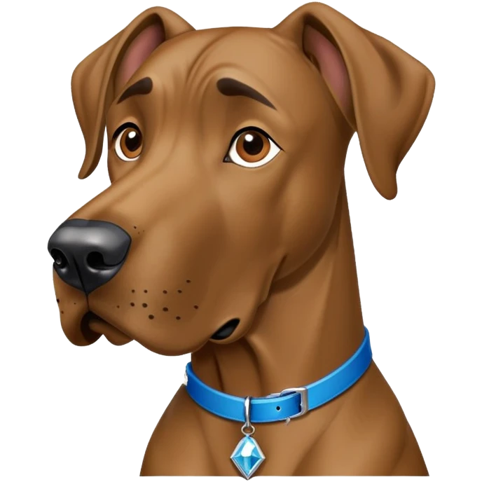scooby doo, brown large great dane with blue collar diamond shaped dog tag with gold s in middle emoji