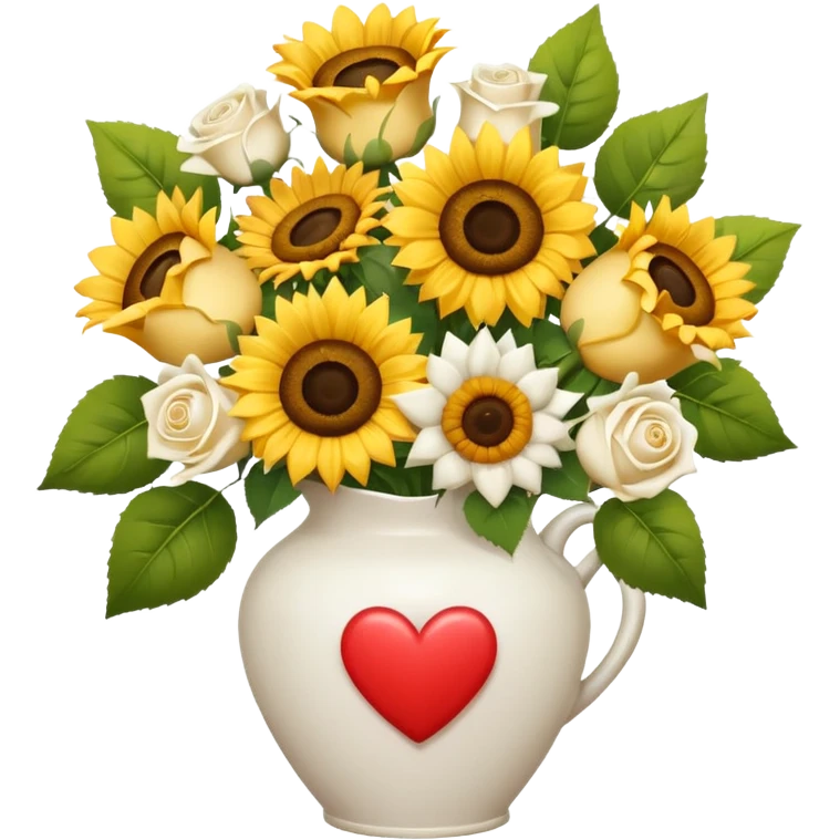 Bouquet with yellow roses sunflowers and white roses in a white vases with hearts and a white bow emoji