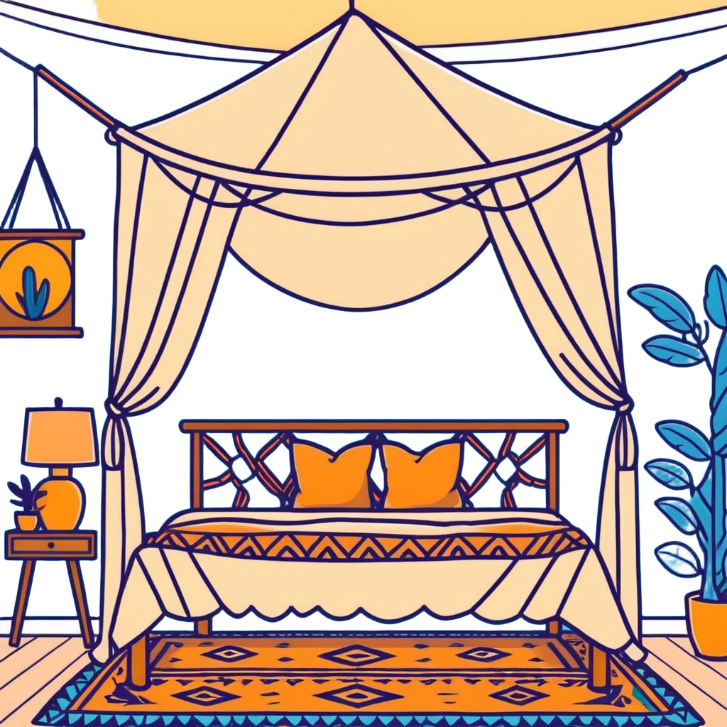 cozy boho bedroom with canopy bed, macramé wall hangings, and warm lighting emoji