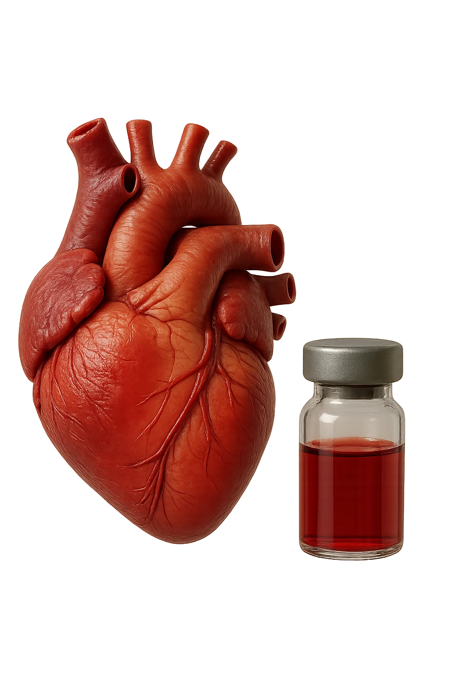 emoji stile iphone di cuore anatomico realistico in 3d che fluttua in aria insieme a una boccetta di fiala medica, FALLO MOLTO REALISTICO IN 3D emoji