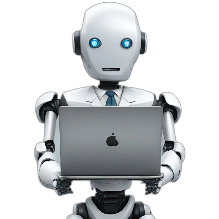 robot in a suit with head tilted using a laptop emoji