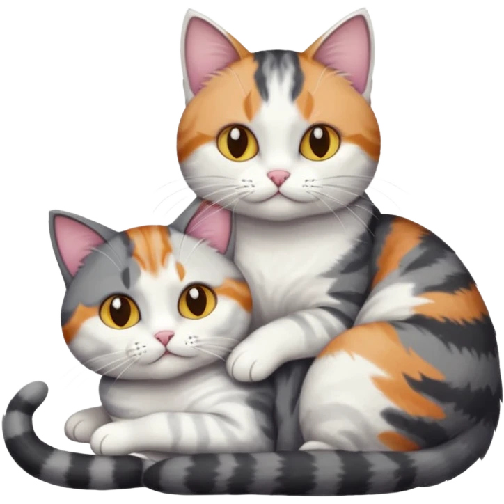 two cats in love, a colourful light patched calico + white tabby cat cuddling a bigger cat that is dark grey and white tabby cat emoji