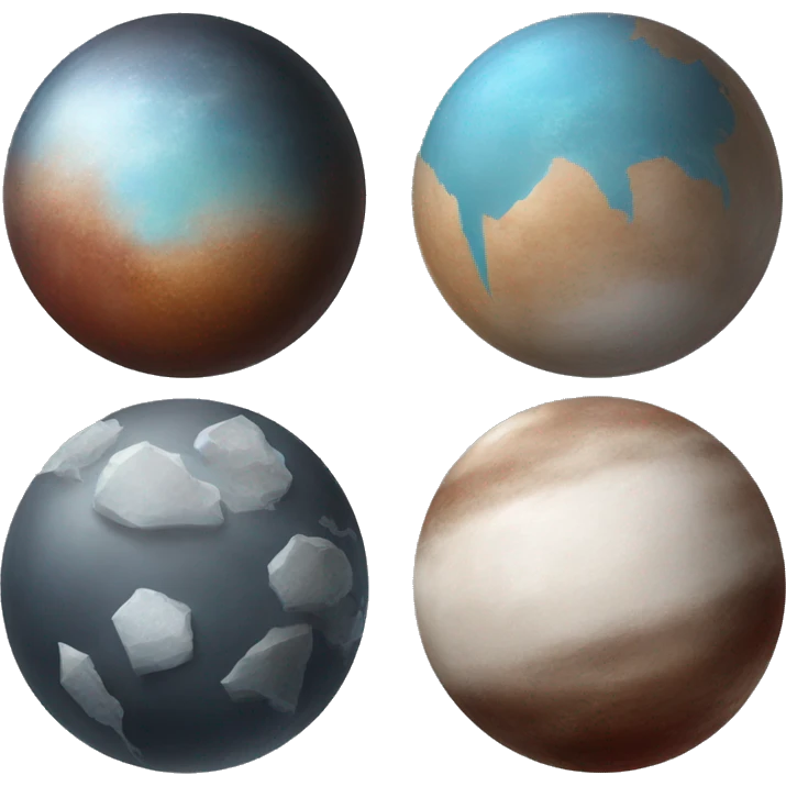 A planet, with icy surface, mostly white, light brown, red brown, grayish blue, and dark charcoal, reflecting its icy plains, organic-rich regions, and rocky surfaces. emoji