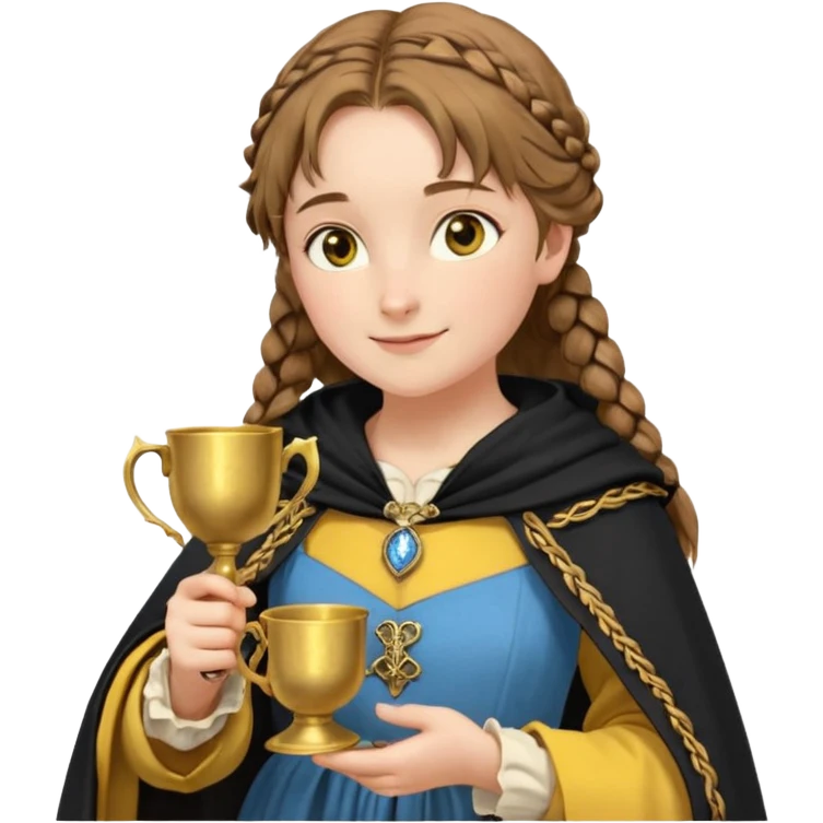 Helga Hufflepuff, light blue eyes, brown-haired, two braids, yellow-black medieval dress, black cloak decorated with gold braiding, tiny gold cup with two handles, very kind smile, half-turned in profile, curvy busty sweet woman, macromastia, thick round rosy cheeks, full length with medieval shoes emoji
