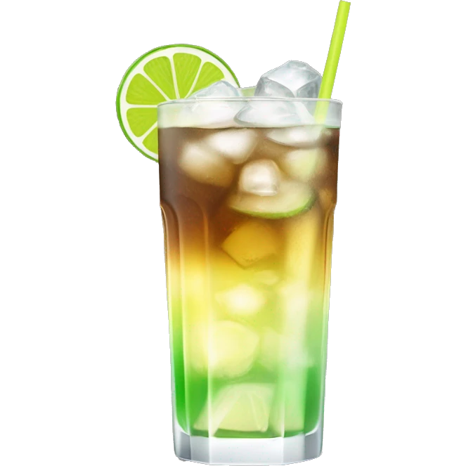 a tall and thin highball cocktail with 2 colors, brown on the bottom and light yellow on top with thin crush ice and a straw, juste one drink, clear separation between colors, lime on top emoji