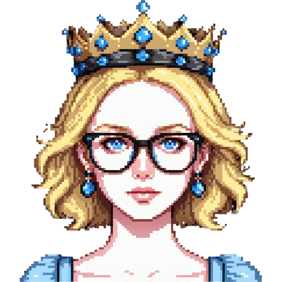 beautiful princess with blonde hair, bright blue eyes, wearing stylish glasses and a crown emoji