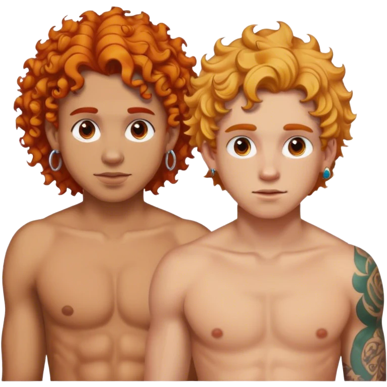 Light skin girl curly orange hair and earrings and tattoos, and then a tan guy with curly hair, and a white boy blonde hair emoji