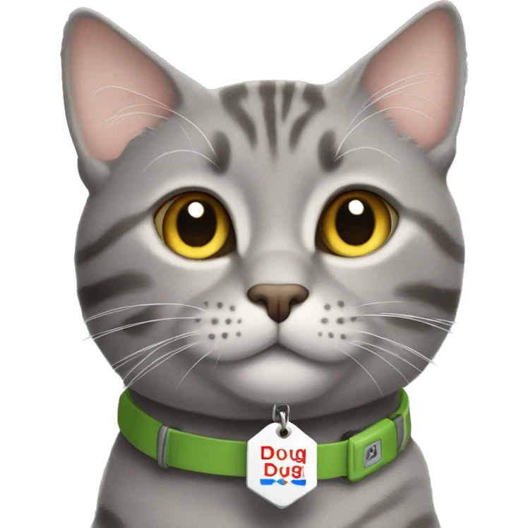 Grey tabby cat with a name tag that says DOUG emoji