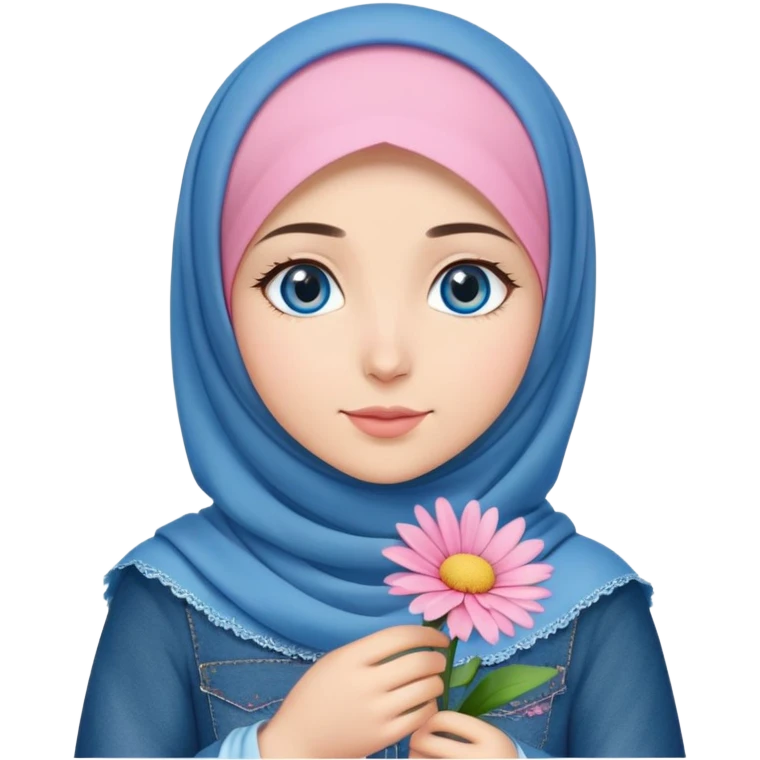 Turkish beautiful finish Konya girl blue eyes with denim hijab islamic dress and had on her hand pink daisy emoji