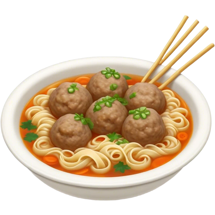 Cinematic Realistic Bakso Dish Emoji, showcasing savory meatball soup with noodles rendered with detailed textures and warm, inviting lighting. emoji