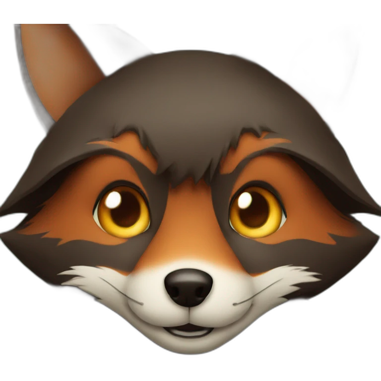 a small dark brown fox with orange eyes with a dark green hood that smile emoji