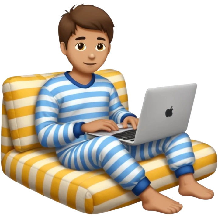 man in striped pajamas and fuzzy slippers typing on a laptop, emoji style emoji