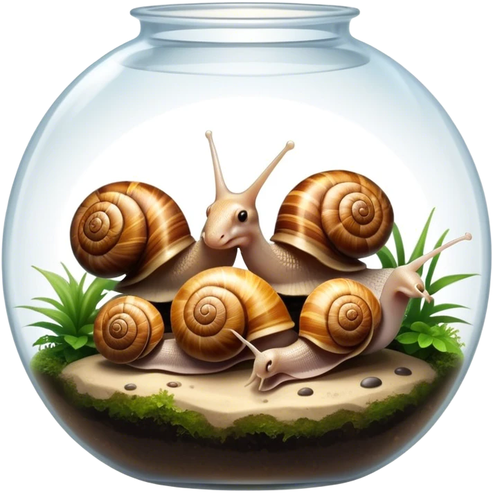 Close-up of large home snails inside a terrarium, showcasing their soft, spiral shells and glistening bodies, with a gentle light highlighting their details. With stones and grass and flowers. Transparent background. emoji