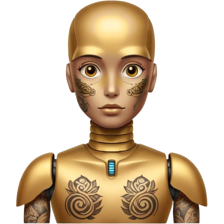 gold Tatooed robot, big many tatooes on chest, neck and face, white tatoo on face emoji
