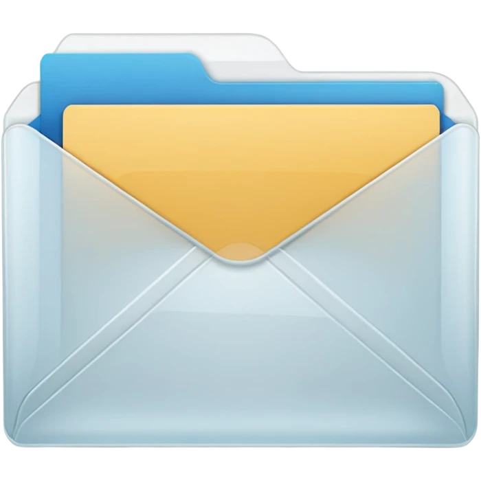 A simple emoji-style icon of a transparent white plastic folder, minimal and clean, with a visible envelope inside labeled “Henry Ballester”, subtle translucency, rounded corners, and soft shading. emoji