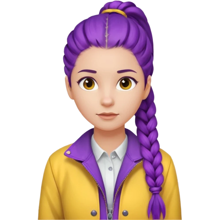 a beautiful girl face, long purple high pony single braided hair from the forehead, wearing a white shirt and a yellow jacket emoji