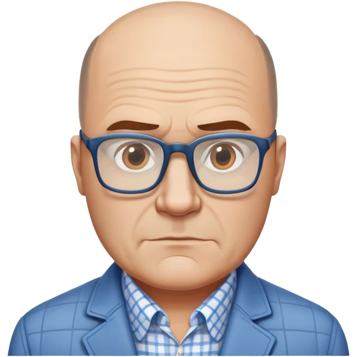 50-year-old heavyset man with wide face and prominent square jawline. Hair only on top of head with completely bald sides (horseshoe pattern baldness). Large dark square glasses. Serious-relaxed expression. Light gray jacket that fits his larger frame, white shirt with blue checkered pattern. emoji