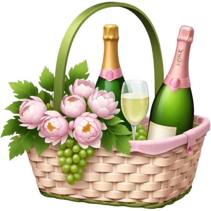 White Picnic basket with light pink bow, white peonies, grapes and one pink champage bottle inside emoji