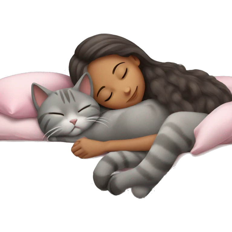 Gray cat sleeping with girl emoji