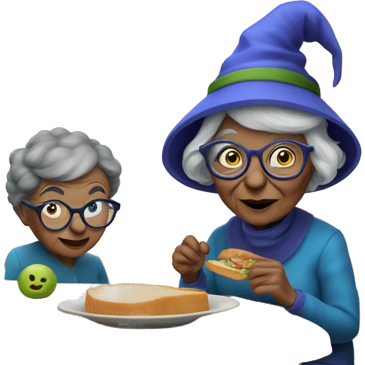 smart granny witch with glasses and blue hat lunching with friends emoji