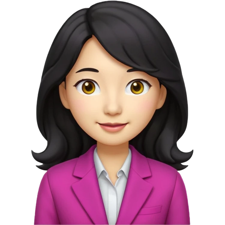 Ultra cute 3D emoji of a Korean woman, long wavy black hair, big brown eyes, small nose, warm smile, smooth pastel skin, wearing a magenta blazer over a dark top, on a solid lemon yellow background. Clean Pixar-style, soft lighting, simple shapes, no text, no background objects, high resolution. emoji