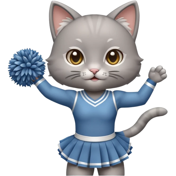 A cute chibi sleek grey cat cheerleader twirling pom-poms with confident energy. emoji