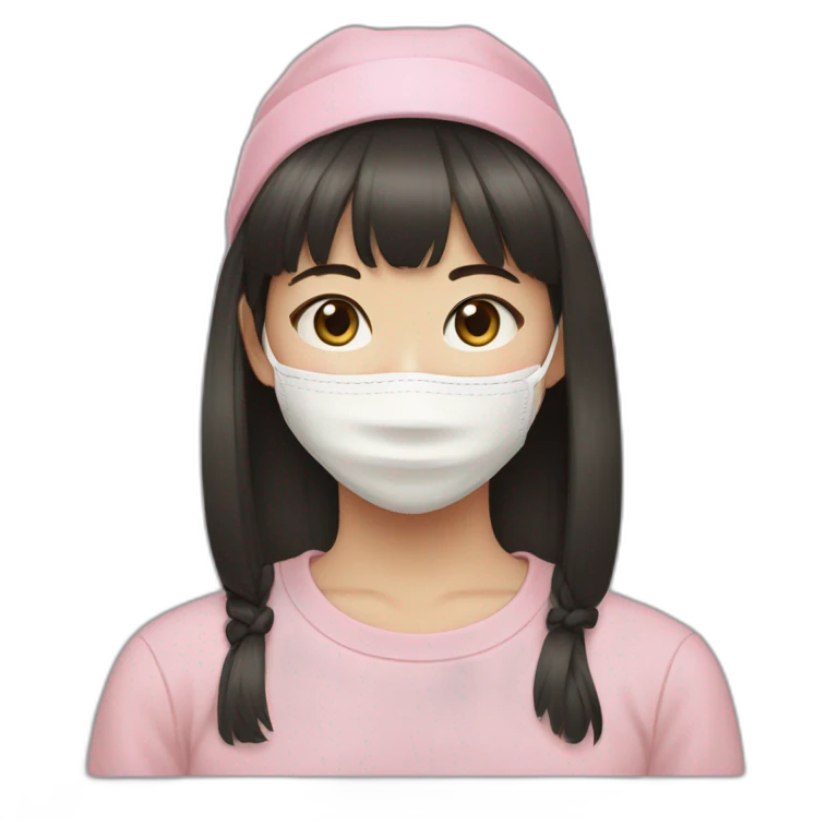 young korean girl with straight bangs and beige face mask and black headband and pink crewneck sweatshirt emoji