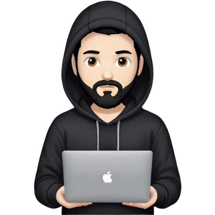 hackeur blanc cheveux noir barbe et capuche noir avec un macbook emoji