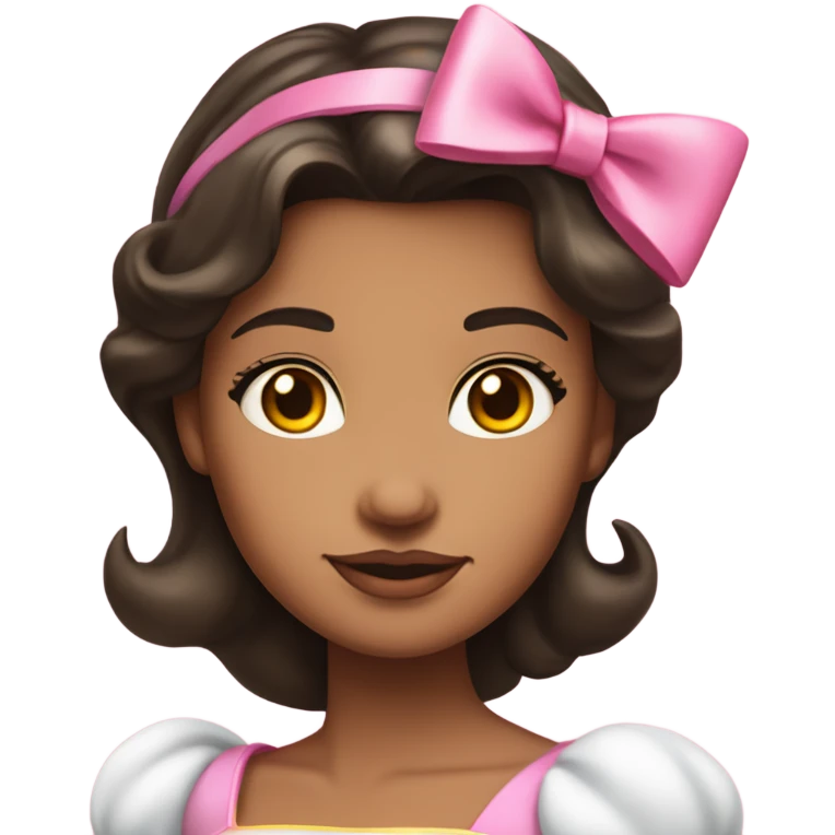 Dark hair, medium brown skin. Portrait selfie Snow White-princess pink normal dress and pink bow on head, yellow skin emoji