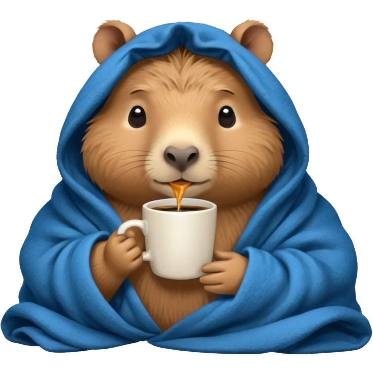 baby capypara in cozy blanket, drink coffee emoji