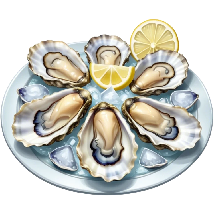 Cinematic fresh oysters on the half-shell, glistening with seawater, served with lemon wedges and ice, soft glowing highlights, elegant and luxurious. emoji